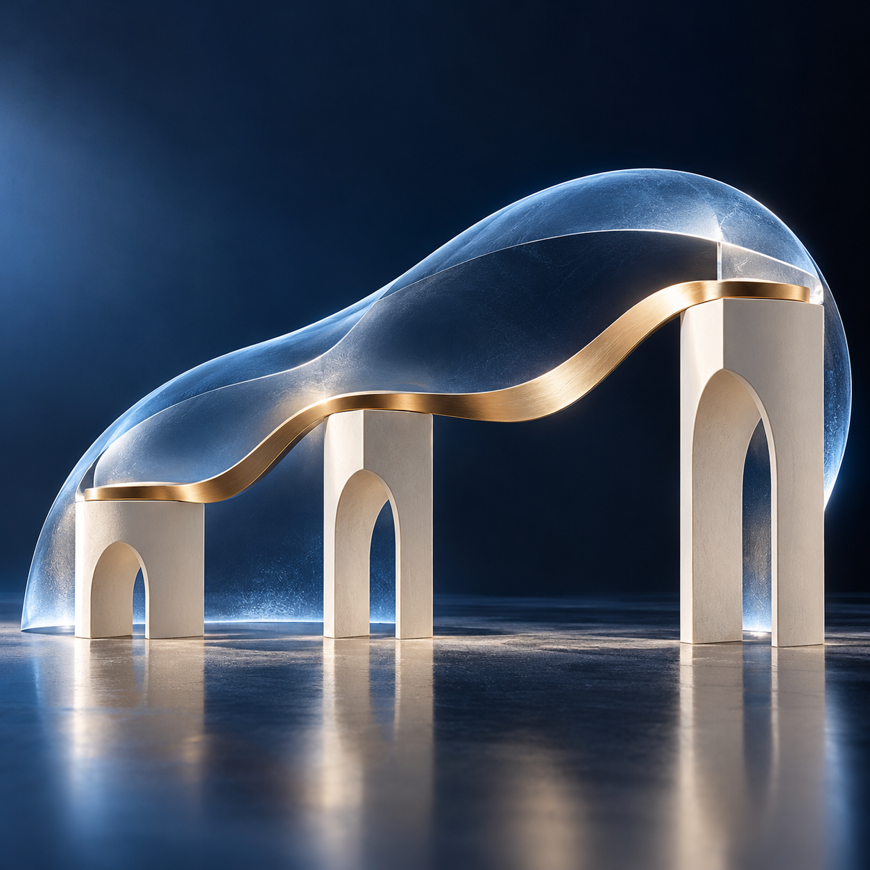Original sculpture of a continuous gold bridge protected by glass
