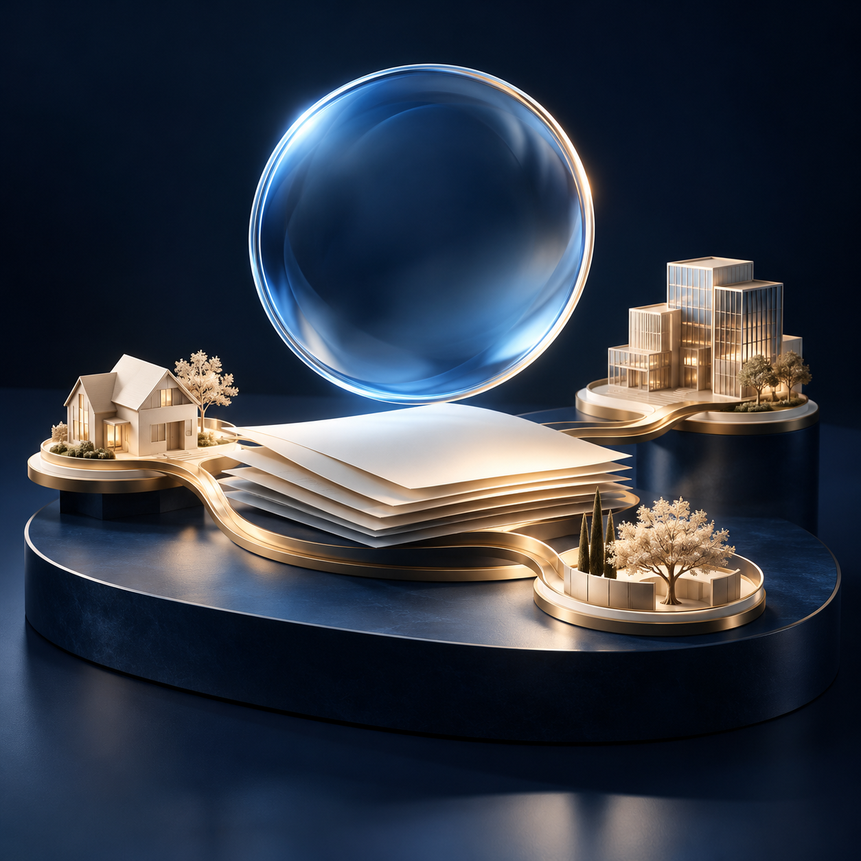 Original sculpture of a glass intelligence lens connecting policy documents, a home, a business and a legacy garden