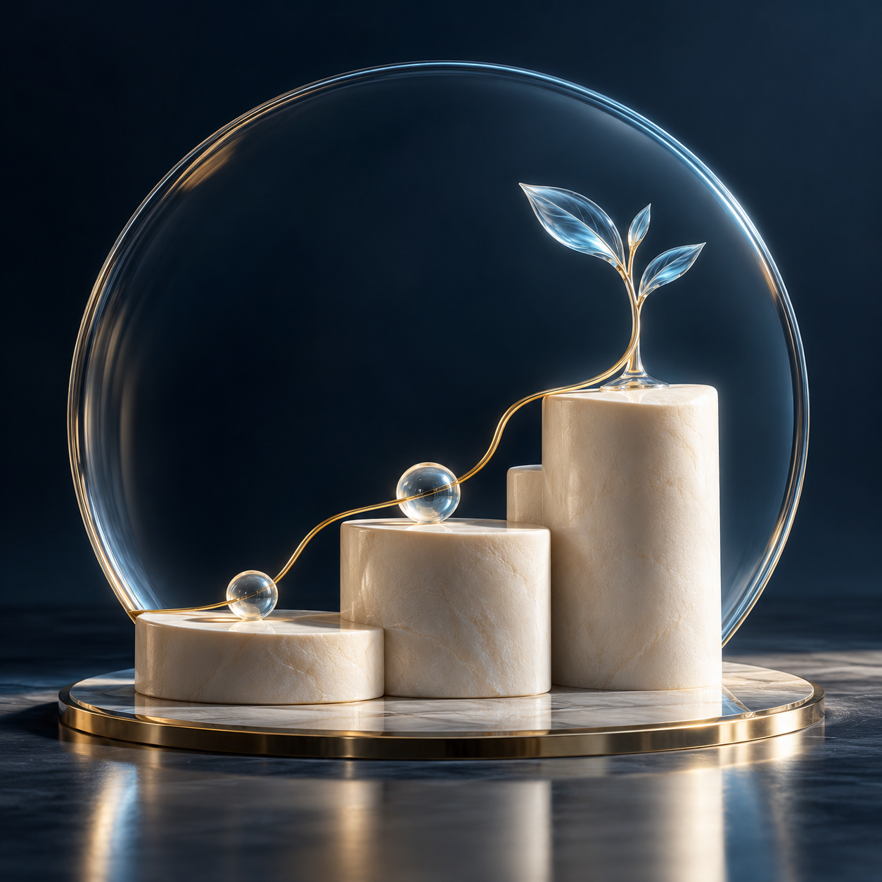 Original sculpture of a gold thread connecting generations and a glass sprout